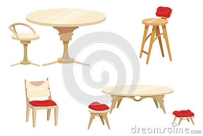 Table and chair. Home wooden furniture. Bar stool. Armchair with pillow. Room or terrace furnishing. Dining desk Vector Illustration