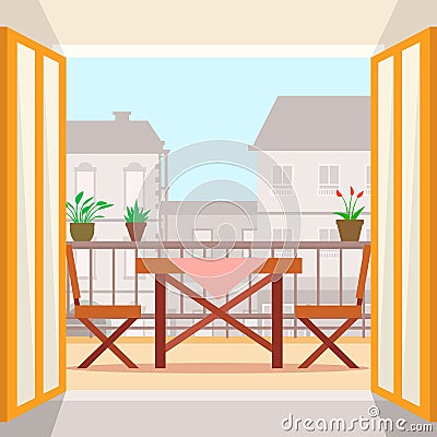 Table and chairs on the balcony. Vector Illustration