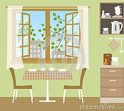 Table with chairs near an open window. Fragment of the kitchen interior in a green color Vector Illustration