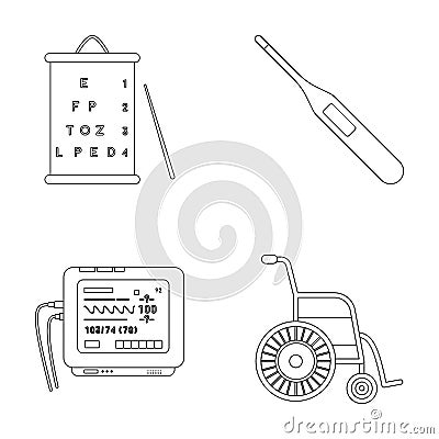 Table for checking eyesight, electronic thermometer, ECG device. Medicine set collection icons in outline style vector Vector Illustration