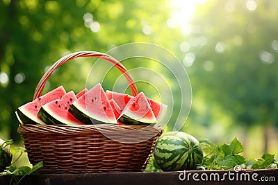 A table close stort in the basket Watermelon garden background copy space Generative AI Stock Photo