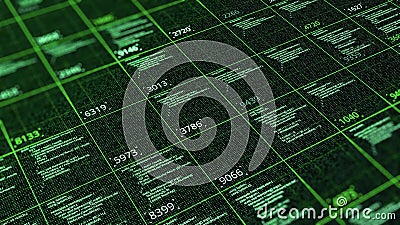 Table with computer calculations. Animation. Computational computer codes with numerical results in cells. Structured Stock Photo