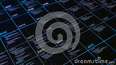Table with computer code data. Animation. Informational table of computational codes and numerical results in cells Stock Photo