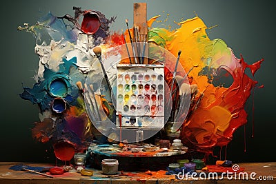 A table covered with an assortment of paint jars and brushes, offering ample creative materials for artistic endeavors, A painter Stock Photo