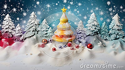 a table covered in a blanket of flour, resembling a snowy landscape, Illustrate an attractive Christmas tree Stock Photo