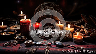 A table covered with candles and other items on it, AI Stock Photo