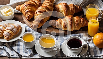 A table with croissants, coffee, orange juice and butter Stock Photo