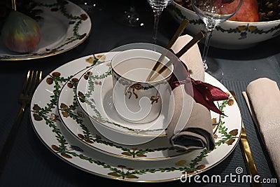 Table decorated for christmas eve dinners in Copenhagen Editorial Stock Photo