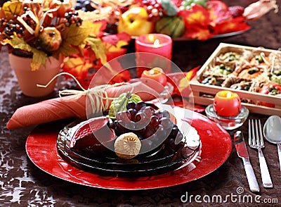 Table decorated for Thanksgiving Stock Photo