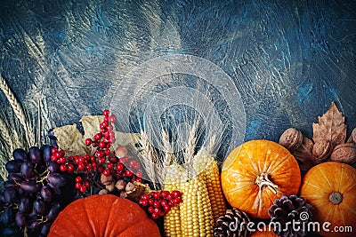 The table, decorated with vegetables and fruits. Harvest Festival,Happy Thanksgiving. Stock Photo