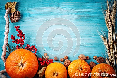 The table, decorated with vegetables and fruits. Harvest Festival, Happy Thanksgiving. Stock Photo