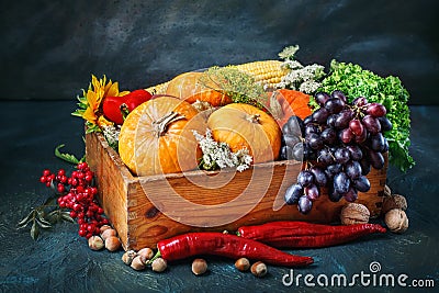 The table, decorated with vegetables and fruits. Harvest Festival,Happy Thanksgiving. Stock Photo