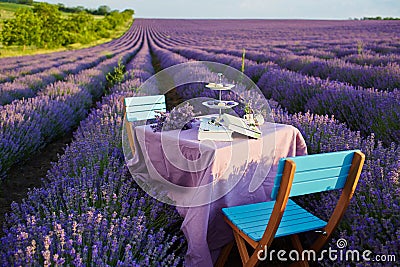 Table decoration in lavender flowers. Stock Photo