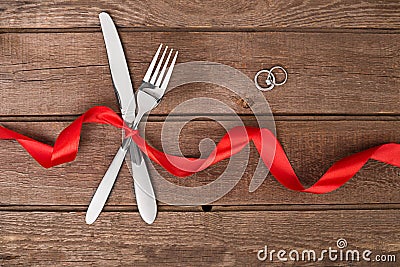 Table decoration Valentine`s Day, set with a ribbon. Image of dinner on Valentines . Stock Photo