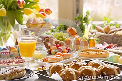 Table with delicatessen ready for Easter brunch Stock Photo