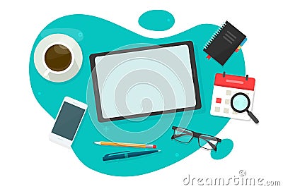 Table desk with tablet computer mockup screen blank empty vector top view or workdesk tabletop using pad above graphic Vector Illustration
