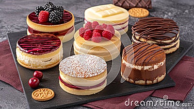 A table for desserts with numerous sweets: cakes, cakes, cookies and fruits prepared for a festiv Stock Photo