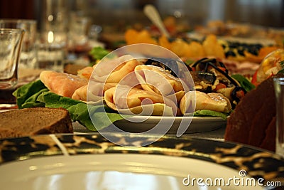 The table filled with dishes Stock Photo