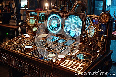 Table Filled With Various Electronic Equipment, An intricate time machine console with numerous levers, buttons, and glowing Stock Photo