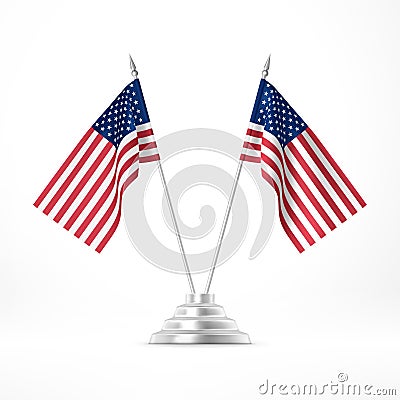 Table flag USA. Two national flags on metal flagpole stand isolated on white Vector Illustration