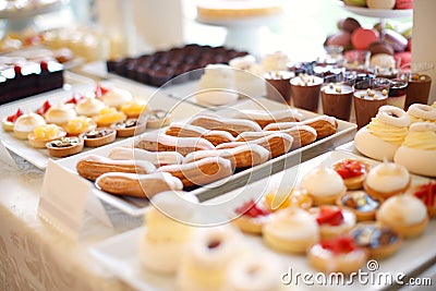 Table full with mini cakes and sweets Stock Photo