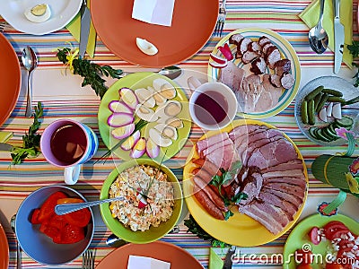 Table full of tasty food seen from above. Traditional natural easter family meal, easter brunch concept Stock Photo