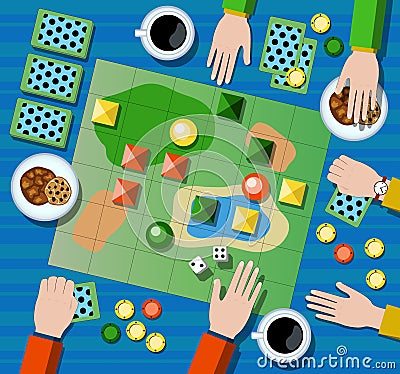 Table game flat illustration. Family board game with player`s hands. Cartoon Illustration