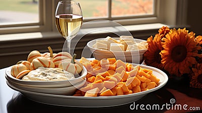 A table with a glass of wine and a bowl of cheese, AI Stock Photo