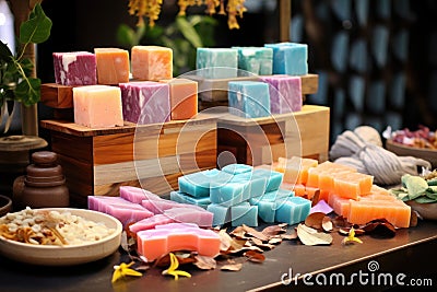 a table with handcrafted soap bars Stock Photo