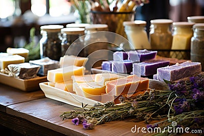 a table with handcrafted soap bars Stock Photo