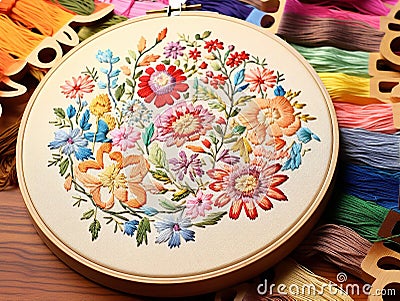 On the table, hoop, overfinger to embroider motifs Stock Photo