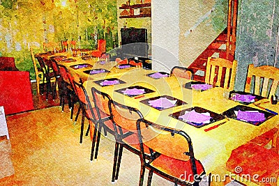 A table in a house set up for a dinner with friends Stock Photo