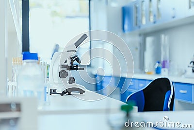 Table with laboratory equipment in chemical lab, clean room laboratory concept Stock Photo