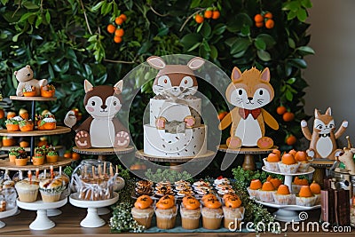 A Table Laden With an Array of Cakes and Cupcakes, Woodland creatures themed birthday party, designed with cute illustrations, AI Cartoon Illustration