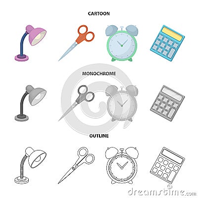 Table lamp, scissors, alarm clock, calculator. School and education set collection icons in cartoon,outline,monochrome Vector Illustration