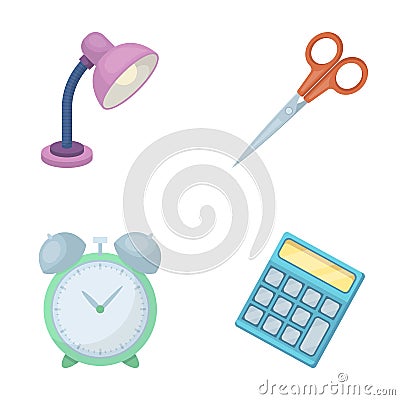 Table lamp, scissors, alarm clock, calculator. School and education set collection icons in cartoon style vector symbol Vector Illustration