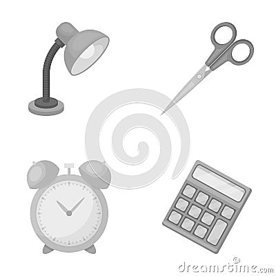 Table lamp, scissors, alarm clock, calculator. School and education set collection icons in monochrome style vector Vector Illustration