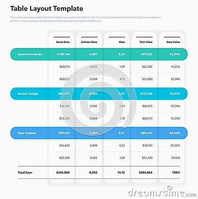 Table layout template with three options and a total sum row Vector Illustration