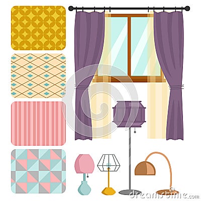 Cartoon table lamps light bulb interior furniture design vector illustration solution energy home window wall. Vector Illustration