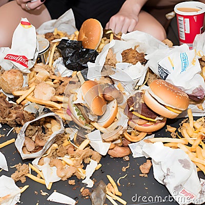 Table littered with an array of fast food. Fast Food waste concept. AI-generated. Stock Photo