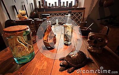 Table medieval alchemist Stock Photo