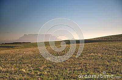 Table Mountain and peaceful green pastures Stock Photo