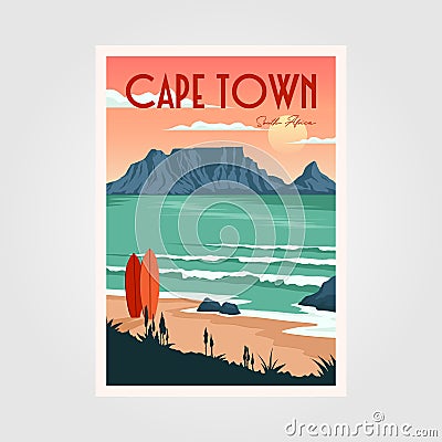 Table mountain view in cape town vintage poster illustration design, vintage surf poster design Vector Illustration