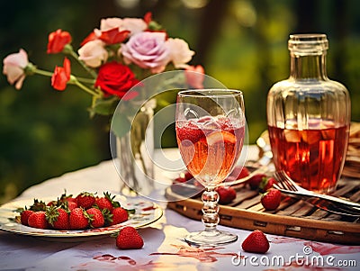 on the table a pair of glasses with strawberry infusion and a vase with roses Stock Photo