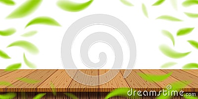 Table plank wood with blur fallen leaves green fresh for banner background, wooden plank for advertise product display, table Vector Illustration