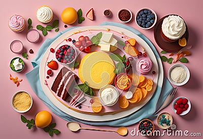a table with a plate of food including a cake with berries and cream Stock Photo
