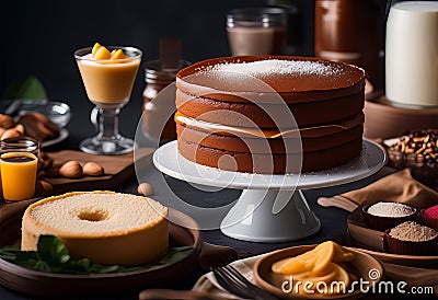 a table with a plate of food including a cake with berries and cream Stock Photo