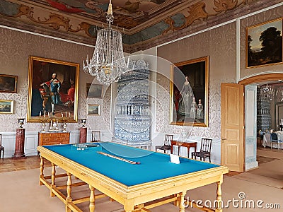 Table for playing billiards in the richly decorated room of the Rundale Castle in Latvia in spring 2019 Editorial Stock Photo