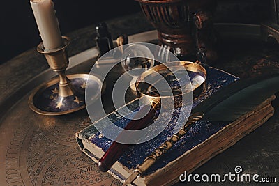 Table prepared for a tarot card reading. Mystery and futurology night. Stock Photo