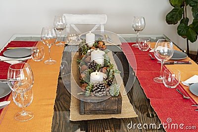 Table ready to eat with a Christmas center. Stock Photo